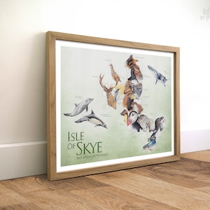Tiere der Isle of Skye, 30 x 40 cm, Karte Kunstdruck, Tierlandkarte, Geschenk für Reisende, Reiseposter, Bleistiftillustration, Schottland