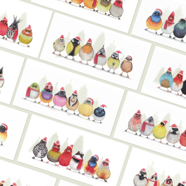 12 Cute Little Birdies, Christmas Cards, Set of 12, Handmade Cards, Holiday Cards, Winter Birthday, Greeting Cards, Pencil Illustration