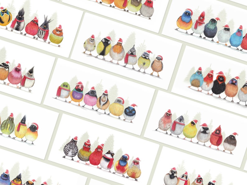 12 Merry Christmas Birdies Weihnachtskarten, 12er-Set, handgemachte Tier-Grußkarten, Winter-Geburtstagskarte, Bleistiftillustration, Geschenk Bild 1