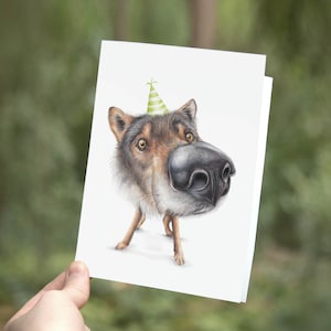 Wolf Kaart, Verjaardagskaart, Blanco Wenskaart, Wolf met Feestmuts, Dieren Kaarten, Grappige Kaarten, Feest Kaart, Honden Wenskaart, Art
