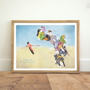 Oiseaux de Bonaire, 30 x 40 cm, Carte d’impression d’art, Carte du pays animal, Cadeau pour voyageur du monde, Affiche de voyage, Illustration au crayon, Caraïbes