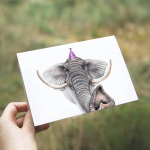 Tarjeta de felicitación de elefante, tarjeta de cumpleaños, tarjeta de felicitación en blanco, elefante con sombrero de fiesta, tarjetas de animales, tarjetas divertidas, tarjeta de fiesta, tarjeta de amigo