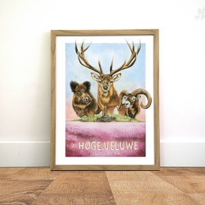 Cartel de Hoge Veluwe, Cartel de ciervos, Cartel de animales, Impresión Países Bajos, Carteles vintage, Arte de pared, Regalo para amigo, Parque Nacional, Lápiz