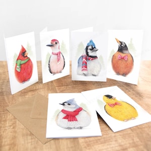 6x Cartes de Noël d’oiseaux, Ensemble de 6, Cartes de vœux vierges faites à la main, Cartes d’anniversaire d’hiver, Illustration au crayon, Oiseaux américains, Animaux
