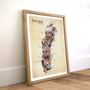 Tiere von Schweden, 20x30 cm, Karte Kunstdruck, Tiere Landkarte, Geschenk für Weltreisende, Reiseposter, Bleistiftillustration, Skandinavien