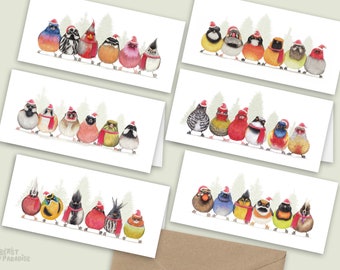 Vrolijke Kerst Vogeltjes Kerstkaarten, Set van 6, Handgemaakte Dieren Wenskaarten, Winter Verjaardagskaarten, Potlood Illustratie, Gift Card