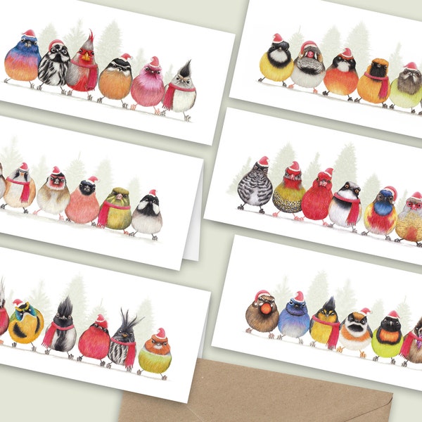 Vrolijke Kerst Vogeltjes Kerstkaarten, Set van 6, Handgemaakte Dieren Wenskaarten, Winter Verjaardagskaarten, Potlood Illustratie, Gift Card