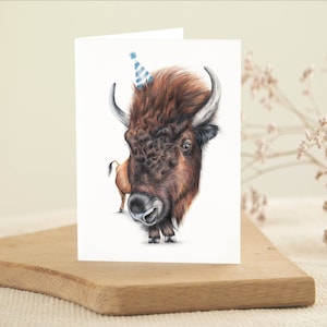 Bison-Karte, Geburtstagskarte, leere Grußkarte, Bison mit Partyhut, Tierkarten, lustige Karten, Party-Karte, Büffel-Karten, Wisent