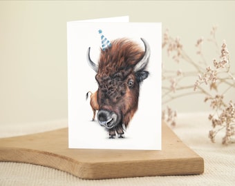 Bison Card, Birthday Card, Greeting Card, Whimsical Cards, Blank Cards, Gift for Her, Bison with Party Hat, Funny Animal Card, Wisent Card