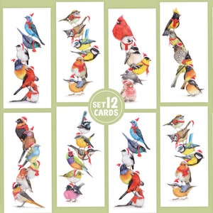 12x Kerstkaarten, Set van 12, Vrolijke Kerst Vogeltjes, Set, Dieren Wenskaarten, Verjaardagskaarten, Holiday Kaarten, Vogel kerstkaarten