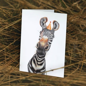 Zebra Kaart, Verjaardagskaart, Blanco Wenskaart, Dieren Kaarten, Grappige Kaarten, Feest Kaart, Zebra met Feestmuts, Leuke Dieren Wenskaart