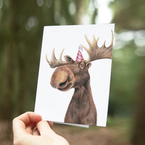 Tarjeta de alce, tarjeta de cumpleaños, tarjeta de felicitación en blanco, alce con sombrero de fiesta, tarjetas de animales, tarjetas divertidas, tarjeta de fiesta, tarjetas de ciervo, arte