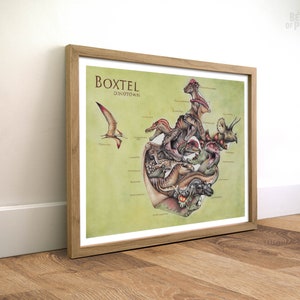 Boxtel Dino Town, 30 x 40 cm, Karten-Kunstdruck, Tierkarte, Geschenk für Dino-Verrückte, Museumsposter, Bleistiftillustration, Dinosaurier