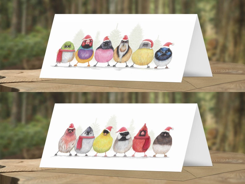 12 Merry Christmas Birdies Weihnachtskarten, 12er-Set, handgemachte Tier-Grußkarten, Winter-Geburtstagskarte, Bleistiftillustration, Geschenk Bild 2