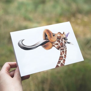 Carte girafe, carte d’anniversaire, carte de vœux vierge, girafe avec chapeau de fête, cartes d’animaux, cartes drôles, carte de fête, girafe drôle