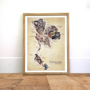 Animales de Tailandia, 30x20 cm, Impresión artística de mapas, Mapa de países de animales, Regalo para viajeros del mundo, Póster de viajes, Ilustración a lápiz, Tailandés