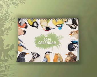 Calendario 2024, Calendario Anual, Calendario de Animales, Calendario con Pájaros, Regalo para Amigo, Calendario de Pared Ilustrado, Pájaros de Jardín, Ecológico