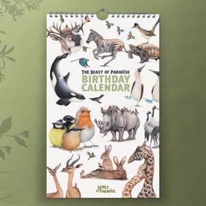 Wildlife Birthday Calendar, Perpetual Calendar, Gift for Friend, Art Illustration, Animal Birthday Calendar, Recycled Calendar, Eco Friendly