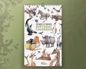 Verjaardagskalender met Dieren, Eeuwigdurende Kalender, Cadeau voor Vriend, Kalender Gerecycled, Dieren Illustratie, Milieuvriendelijk
