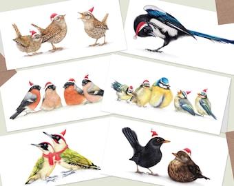 6x Christmas Cards, Set of 6, Cute Garden Birds, Animal Greeting Cards, Holiday Cards, Bird Birthday Card, Birds with Hats, UK Garden Birds