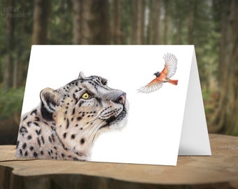 Snow Leopard and Bird, Birthday Card, Greeting Card Handmade, Card Blank, Gift, Wildlife Art, Pencil Illustration, Funny Card, Animal Party