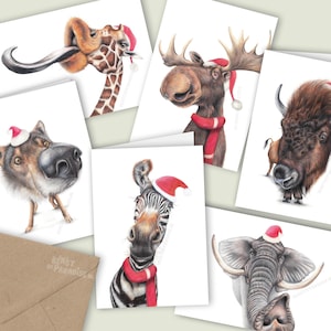 Cartões de Natal de animais engraçados, conjunto de 6, cartões em branco feitos à mão, cartões de aniversário de inverno, ilustração a lápis, cartão sazonal