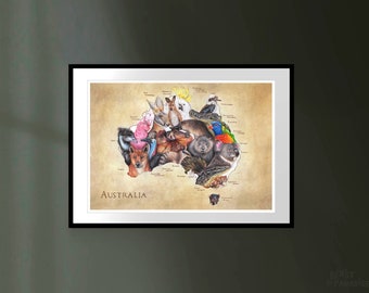 Dieren van Australië, 30 x 40 cm, Kaart Art Print, Dieren Landkaart, Cadeau voor Wereld Reiziger, Reis Poster, Potlood Illustratie, Muurdeco