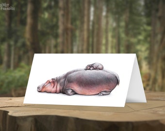 Hippo, Greeting Card Handmade, 13 x 13 cm, Card Blank, Birthday Gifts, Wildlife Art Print, Pencil Illustration, Baby Shower, Baby Card