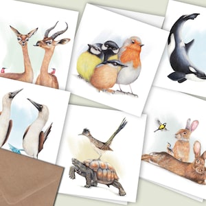 Leuke Dieren Kaarten, Set van 6, Handgemaakte Blanco Wenskaarten, Verjaardagskaarten, Geïllustreerde Kaarten, Potlood Illustratie, Inlijsten afbeelding 1