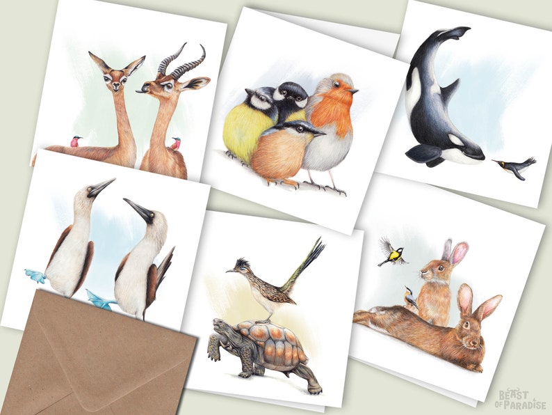 Leuke Dieren Kaarten, Set van 6, Handgemaakte Blanco Wenskaarten, Verjaardagskaarten, Geïllustreerde Kaarten, Potlood Illustratie, Inlijsten afbeelding 1