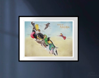 Birds of Aruba, 40 x 30 cm, Map Art Print, Animal Map Wall, Adventure Gifts, Wanderlust Gift, Travel Poster, Nature Lover Gift, Wildlife Map