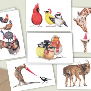 Tarjetas de Navidad de animales divertidos, conjunto de 6, tarjetas de felicitación en blanco hechas a mano, tarjetas de cumpleaños de invierno, ilustración a lápiz, tarjeta de temporada