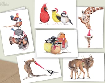 Grappige Dieren Kerstkaarten, Set van 6, Handgemaakte Blanco Wenskaarten, Winter Verjaardagskaarten, Potlood Illustratie, Seizoenskaart