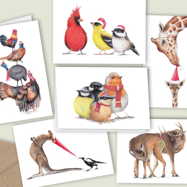 Funny Wildlife, Christmas Cards, Set of 6, Handmade Holiday Cards, Winter Birthday Card, Greeting Cards, Pencil Illustration, X-mas Cadeau's