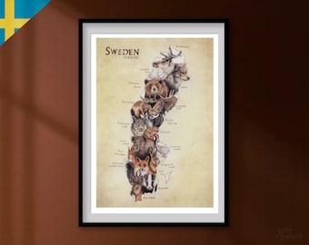 Tiere von Schweden, 20x30 cm, Map Art Print, Tiere Karte, Geschenk für Weltreisende, Reiseposter, Bleistiftillustration, Skandinavien