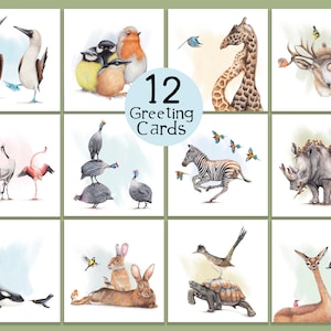 12 tarjetas de felicitación de animales, juego de 12, tarjetas en blanco hechas a mano, tarjetas de cumpleaños, arte de vida silvestre, ilustración a lápiz, tarjetas de animales adorables