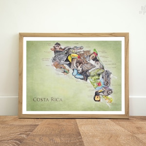 Tiere von Costa Rica, 30x40 cm, Karte Kunstdruck, Tiere Landkarte, Geschenk für Weltreisende, Reiseposter, Bleistiftillustration, Regenwald