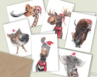 Cartes de Noël drôles d'animaux, lot de 6, cartes de vœux vierges faites à la main, cartes d'anniversaire d'hiver, illustration au crayon, carte saisonnière