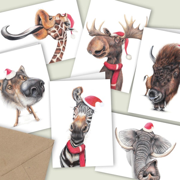 Funny Wildlife, Christmas Cards, Set of 6, Handmade Holiday Cards, Winter Birthday Card, Greeting Cards, Pencil Illustration, Mooselovers