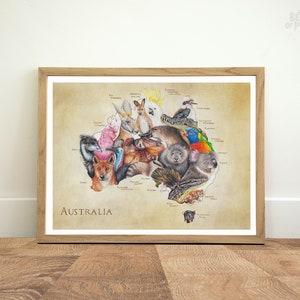 Animali dell'Australia, 30 x 40 cm, stampa artistica della mappa, mappa del paese degli animali, regalo per viaggiatore del mondo, poster di viaggio, illustrazione a matita, decorazione murale