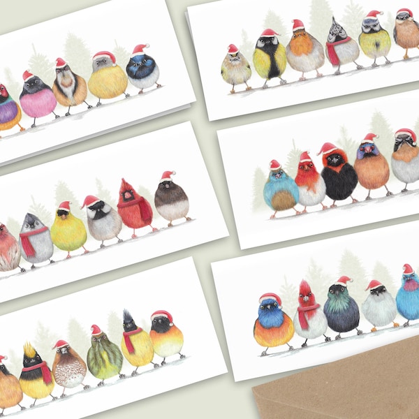 6x Kerstkaarten, Set van 6, Vrolijke Kerst Vogeltjes,  Handgemaakte Dieren Wenskaarten, Winter Verjaardagskaarten, Potlood Illustratie, Gift