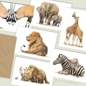 6x Dieren Wenskaarten, Set van 6, Verjaardagskaarten, Blanco Kaarten, Dieren Kaarten, Geboortekaarten, Afrikaanse Dieren Kaarten, Kaartenset