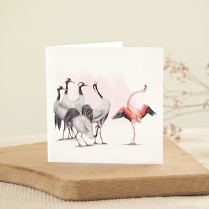 Kraanvogels & Flamingo, Verjaardagskaart, Blanco Wenskaart, Dieren Kaarten, Grappige Kaarten, Feest Kaart, Zomaar Kaart, Succes Kaart, Art