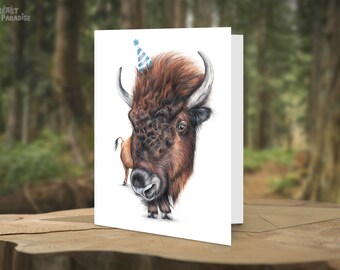 Bison Card, Birthday Card, Greeting Card, Whimsical Cards, Blank Cards, Gift for Her, Bison with Party Hat, Funny Animal Card, Wisent Card