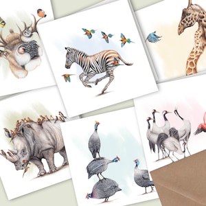 6 biglietti d'auguri per animali, set da 6, biglietti vuoti fatti a mano, biglietti di compleanno, stampa artistica della fauna selvatica, illustrazione a matita, incorniciatura