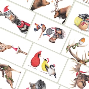 Lot de 12 cartes de Noël avec animaux, cartes de vœux vierges faites à la main, cartes d'anniversaire d'hiver, illustration au crayon, carte de Noël