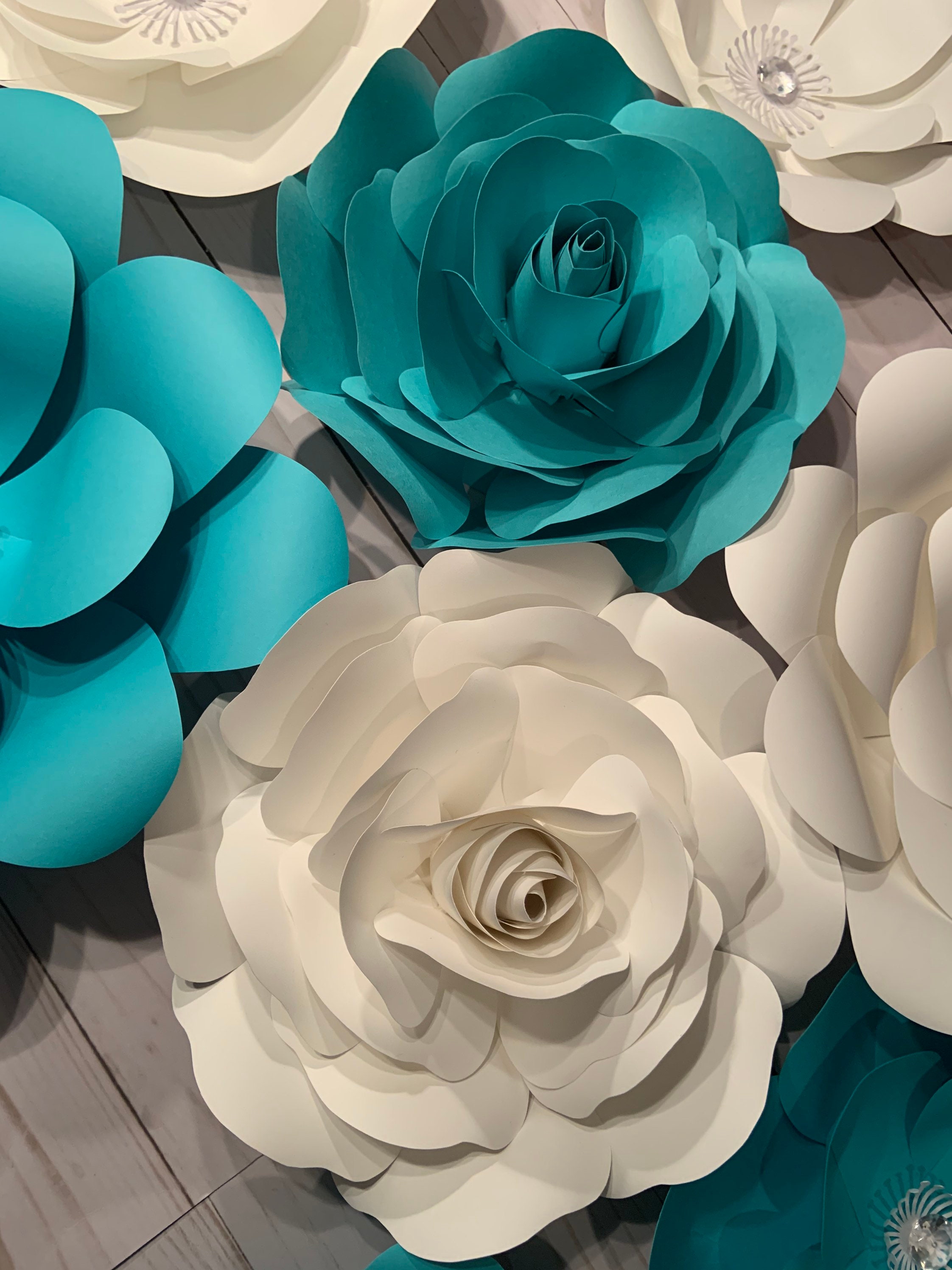 8 PC giant teal and white paper flowers teal paper flowers Etsy