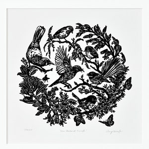 New Zealand Wreath (small)  |  12 x 12in  |  Linocut  |  Linoprint  |  Home Decor  |  Wall Art  |  NZ Native Bird Art  |  Handmade Artwork