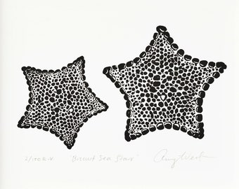 Biscuit Sea Stars  |  6 x 8in  |  Linocut  |  Linoprint  |  Home Decor  |  Wall Art  |  Australian Art  |  Original Handmade Artwork