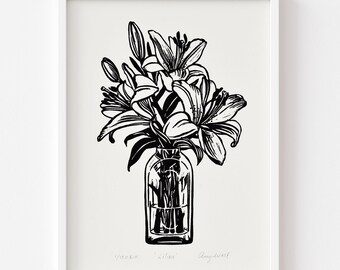 Lilies  |  A4  |  Linocut  |  Linoprint  |  Home Decor  |  Wall Art  |  Floral Print  |  Flowers  |  Original Handmade Artwork